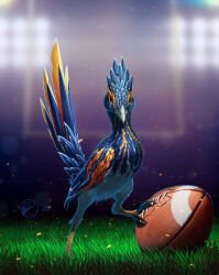 Rule 34 | american football (object), ball, bird, blue bird, blurry, commentary, depth of field, english commentary, fredward95, full body, grass, highres, no humans, original, solo, stadium lights, watermark