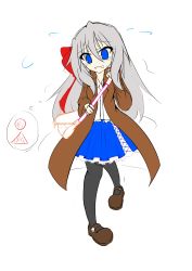 Rule 34 | 1girl, bag, black pantyhose, blue eyes, blush, bow, brown coat, brown footwear, coat, daifuku (daifuku kosiann), embarrassed, female focus, flat chest, flying sweatdrops, frilled skirt, frills, full body, grey hair, hair between eyes, hair bow, hand up, have to pee, highres, long hair, long sleeves, miniskirt, open mouth, original, pantyhose, pigeon-toed, pleated skirt, shirt, shoes, simple background, skirt, solo, standing, sweat, tears, thought bubble, trembling, walking, white background, white shirt