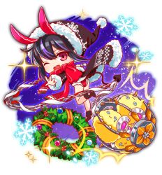 1girl 3others alternate_costume animal_ears ankle_boots artist_request bare_legs black_coat black_footwear black_hair black_hat black_sleeves boots cage cel_shading chain chibi christmas christmas_ornaments christmas_wreath closed_mouth coat collar collared_coat crash_fever creature demon_tail fake_animal_ears freud_(crash_fever) from_behind full_body game_cg hat holding holding_chain horns knees_together_feet_apart knot leg_up long_sidelocks looking_at_viewer mechanical_horns mistletoe multicolored_hair multiple_others number_print numbered official_alternate_costume official_art one_eye_closed open_clothes open_coat outline outstretched_arms pink_eyes pom_pom_(clothes) print_coat print_headwear print_scarf puffy-trimmed_coat puffy-trimmed_hat puffy-trimmed_leotard puffy_collar puffy_sleeve_cuffs purple_hair rabbit_ears red_outline ribbon santa_hat scarf short_hair sidelocks sleeve_cuffs snowflake_print snowflakes solo_focus sparkle spread_arms square square_print star_(sky) streaked_hair tachi-e tail tearing_up teeth third-party_source transparent_background two-tone_hair upper_teeth_only white_collar white_pom_poms white_sleeve_cuffs wreath wrench yellow_ribbon