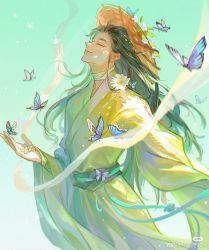 Rule 34 | black hair, blue butterfly, bug, butterfly, chinese clothes, closed eyes, daisy, flower, hanfu, hat, highres, insect, long hair, male focus, na16007850, profile, tianguan cifu, white flower, xie lian
