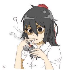 Rule 34 | 1girl, ?, bags under eyes, black hair, black ribbon, cigarette, collared shirt, commentary request, expressionless, hair between eyes, hat, holding, lighter, open mouth, pointy ears, pom pom (clothes), red eyes, ribbon, ru2n131, shaded face, shameimaru aya, shirt, short hair, short sleeves, simple background, smoke, smoking, solo, tokin hat, touhou, upper body, white background, white shirt, you&#039;re doing it wrong