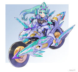 Rule 34 | 1girl, bodysuit, breasts, chest jewel, gloves, green eyes, green hair, highres, large breasts, long hair, motor vehicle, motorcycle, oomasa teikoku, pneuma (xenoblade), ponytail, skin tight, solo, swept bangs, tiara, very long hair, xenoblade chronicles (series), xenoblade chronicles 2