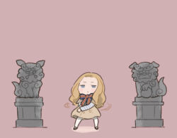 Rule 34 | 1girl, blonde hair, blue eyes, brown dress, chibi, commentary request, dancing, dress, forehead, full body, long hair, long sleeves, looking at viewer, m3gan, m3gan (character), negative space, pantyhose, pink background, saiguchi otoufu, solo, statue, white pantyhose