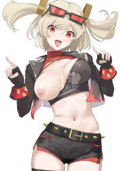 1girl belt black_belt black_gloves black_jacket black_shorts black_tube_top blonde_hair blush bouncing_breasts breasts burnice_white cowboy_shot crop_top cropped_jacket eyewear_on_head floating_hair gloves highres index_finger_raised jacket large_breasts looking_at_viewer midriff mitsuru_(uramitsuru1206) navel nipples one_breast_out open_clothes open_jacket open_mouth red-tinted_eyewear red_eyes short_shorts shorts smile solo spiked_belt strapless teeth tinted_eyewear tongue tongue_out tube_top twintails unaligned_breasts upper_teeth_only white_background zenless_zone_zero