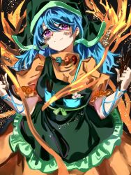 Rule 34 | 1girl, apron, arm ribbon, black background, blue hair, blush, breasts, chisel, closed mouth, dress, flower, frilled apron, frills, green apron, green headwear, green hood, haniyasushin keiki, head scarf, highres, knife, large breasts, long hair, looking at viewer, magatama, magatama necklace, necklace, paintbrush, puffy short sleeves, puffy sleeves, purple eyes, ribbon, short sleeves, simple background, single strap, smile, solo, sutaku77224, tools, touhou, upper body, wily beast and weakest creature, wood carving tool, yellow dress, yellow sleeves