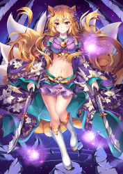 Rule 34 | 1girl, animal ear fluff, animal ears, artist name, bare shoulders, bell, blonde hair, blush, boots, breasts, crop top, detached sleeves, dual wielding, floating hair, floral print, flower, fox ears, fox tail, full body, hair flower, hair ornament, highres, holding, holding weapon, japanese clothes, jingle bell, kawaii nihongo, kitsune, knee boots, kyuubi, light particles, long hair, long sleeves, looking at viewer, magic, medium breasts, midriff, miniskirt, multiple tails, naginata, navel, night, night sky, parted lips, polearm, purple skirt, riko (kawaii nihongo), rock, skirt, sky, solo, squchan, standing, standing on one leg, star (sky), starry sky, stomach, tail, very long hair, weapon, white footwear, wide sleeves, yellow eyes