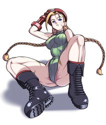 1girl, antenna hair, beret, black footwear, blue eyes, bodypaint, boots, braid, cammy white, camouflage, combat boots, erect nipples, eron, facial scar, fallen down, fingerless gloves, full body, gloves, green leotard, hat, highres, leotard, long braid, muscular, muscular female, red gloves, red headwear, red legwear, ribbed leotard, scar, scar on cheek, scar on face, sitting, socks, solo, spread legs, street fighter, thick thighs, thighs, twin braids