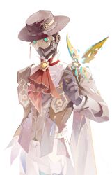 Rule 34 | 1boy, absurdres, aqua eyes, ascot, belt, brown coat, brown hat, chinese commentary, coat, collared shirt, commentary request, creature, fedora, hat, hat ornament, hat tassel, highres, honkai: star rail, honkai (series), joints, long sleeves, male focus, metal skin, naodongyinjunzi, pants, red ascot, robot, robot joints, screwllum (honkai: star rail), shirt, simple background, solo, standing, white background, white pants, white shirt