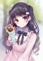 Rule 34 | 1girl, black hair, blurry, blurry background, blush, crepe, earrings, food, hair ornament, hairclip, highres, holding, holding food, irone (miyamiya38), jewelry, long hair, looking at viewer, momoirone, original, pocky, red eyes, smile, solo, two side up
