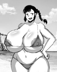 Rule 34 | 1girl, areola slip, bikini, blush, breasts, cleavage, covered erect nipples, curvy, highres, huge breasts, long hair, looking at viewer, momijizx, open mouth, original, smile, solo, standing, swimsuit, wide hips