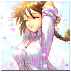 Rule 34 | 1girl, arms behind head, arms up, braid, dead or alive, ebina souichi, eyelashes, closed eyes, kasumi (doa), orange hair, petals, shirt, sleeves pushed up, solo, tecmo