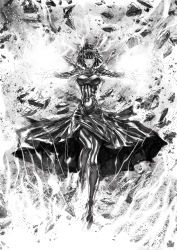 Rule 34 | 1girl, blood, blood on face, breasts, commentary, covered navel, dress, electricity, english commentary, floating clothes, floating rock, fubuki (one-punch man), full body, greyscale, high contrast, highres, impossible clothes, impossible dress, injury, large breasts, long dress, long legs, monochrome, narrow waist, one-punch man, outstretched arms, pantyhose, short hair, solo, taut clothes, taut dress, telekinesis, the golden smurf, toned