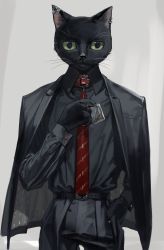 Rule 34 | 1boy, absurdres, bag, belt, black belt, black cat, black fur, black jacket, black pants, black shirt, brooch, cat, claws, closed mouth, collared shirt, commentary request, cowboy shot, earrings, fewer digits, formal, furry, furry male, gem, green eyes, hand in pocket, hand up, hataya, highres, holding, holding bag, jacket, jacket on shoulders, jewelry, long sleeves, looking at viewer, male focus, matatabi (flower), necktie, original, pants, red necktie, ring, shirt, solo, standing, straight-on, suit, wing collar