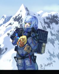 Rule 34 | backpack, bag, day, death stranding, fate/grand order, fate (series), frog, jack the ripper (fate/apocrypha), jumpsuit, mountain, mountainous horizon, odradek, outdoors, overalls, rope, solo, standing