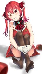 Rule 34 | 1girl, absurdres, artist request, black thighhighs, feet, highres, hololive, houshou marine, looking at viewer, red eyes, red hair, red skirt, skirt, smile, soles, solo, thighhighs, twintails, virtual youtuber, yellow eyes