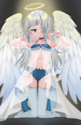 Rule 34 | 1girl, absurdres, angel wings, bare shoulders, blue bra, blue eyes, blue hair, blue nails, blue panties, bra, choker, clover (cloversoya), collarbone, commentary request, crying, crying with eyes open, feathered wings, fins, fish tail, full body, garter straps, gawr gura, grey hair, hair over one eye, halo, hands up, highres, hololive, hololive english, kneeling, knees together feet apart, long hair, looking at viewer, multicolored hair, nail polish, navel, no shoes, panties, parted lips, red choker, see-through, shark tail, solo, streaked hair, tail, tears, thighhighs, underwear, very long hair, virtual youtuber, white thighhighs, white wings, wings