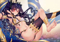 Rule 34 | &gt;:), 1girl, anklet, arm up, armpits, ass, bare shoulders, barefoot, bikini, black bikini, black bow, black hair, black thighhighs, blush, bow, breasts, cleavage, closed mouth, commentary request, crossed legs, earrings, fate/grand order, fate (series), gradient background, hair bow, hand on own thigh, heavenly boat maanna, hoop earrings, ishtar (fate), jewelry, long hair, looking at viewer, mismatched bikini, obiwan, parted bangs, red eyes, signature, single thighhigh, small breasts, smile, soles, solo, strapless, strapless bikini, swimsuit, thighhighs, toes, two side up, very long hair, white bikini