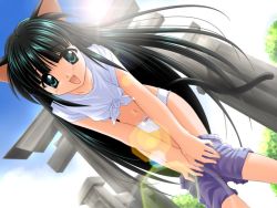 Rule 34 | 1girl, animal ears, bent over, black hair, blue shorts, blush, bow, bow panties, cat ears, cat girl, cat tail, clothes pull, collarbone, day, denim, denim shorts, dutch angle, fang, from below, fujiwara warawara, game cg, green eyes, lens flare, long hair, looking at viewer, looking down, looking up, moe ~moegiiro no machi~, navel, open mouth, outdoors, panties, ruri (moegiiro no machi), shirt, short sleeves, shorts, shorts pull, shrine, smile, solo, source request, tail, tied shirt, torii, underwear, undressing, white panties, white shirt