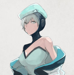 Rule 34 | 1girl, animification, apex legends, beret, black hat, blue eyes, blue hair, blue hat, breasts, facial scar, hat, haute drop wattson, hood, jacket, looking to the side, medium breasts, removing jacket, scar, scar on arm, scar on cheek, scar on face, solo, stack (sack b7), upper body, wattson (apex legends), white jacket