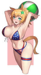Rule 34 | 1girl, :d, american flag bikini, animal ears, armpits, arms up, ball, bare arms, bare shoulders, beachball, bikini, blonde hair, breasts, collarbone, commentary request, cropped legs, flag print, front-tie bikini top, front-tie top, green eyes, hair ornament, highres, holding, holding ball, horse ears, horse tail, jonylaser, large breasts, looking at viewer, navel, open mouth, short hair, smile, solo, standing, star (symbol), star hair ornament, stomach, swimsuit, taiki shuttle (umamusume), tail, thigh strap, thighs, umamusume, white background
