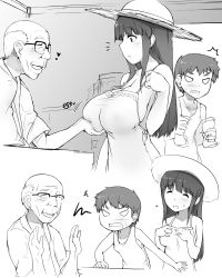 Rule 34 | 1girl, 2boys, abubu, angry, breast hold, breast lift, breasts, brother and sister, dress, glasses, grabbing, grabbing another&#039;s breast, greyscale, hat, highres, large breasts, long hair, monochrome, multiple boys, no bra, old, old man, original, siblings, sundress