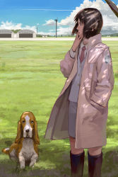Rule 34 | 1girl, absurdres, airport, animal, bad id, bad pixiv id, blurry, boots, cigarette, clothes hanger, cloud, coat, contrail, dappled sunlight, day, depth of field, dog, grass, grey eyes, hand in pocket, highres, knee boots, kusanagi suito, necktie, original, outdoors, profile, shade, short hair, sketch, skirt, sky, smoking, solo, sunlight, the sky crawlers, tomiya (tomiya2117), trench coat, vest, wind