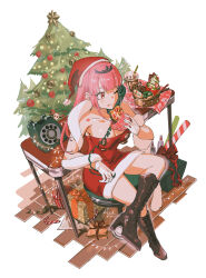 Rule 34 | 1girl, antique phone, bare shoulders, boots, breasts, christmas, christmas tree, cleavage, crossed legs, dress, eating, food, gift, hat, high heel boots, high heels, highres, hololive, hololive english, large breasts, mori calliope, one eye closed, phone, pink hair, rotary phone, santa costume, santa hat, set7, sitting, solo, talking on phone, virtual youtuber