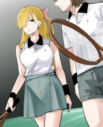 Rule 34 | 1boy, 1girl, arms at sides, black eyes, black wrist cuffs, blonde hair, bow, breasts, brown hair, commentary, cowboy shot, curly hair, disguise, eyebrows hidden by hair, fiona frost, green shorts, green skirt, grey background, hair bow, hair over one eye, hetero, highres, holding tennis racket, large breasts, long hair, looking at another, mame1645, miniskirt, one eye covered, one side up, open mouth, parted lips, pink bow, pleated skirt, shirt, short hair, short sleeves, shorts, simple background, skirt, sleeveless, sleeveless shirt, spy x family, standing, twilight (spy x family), very long hair, white shirt, wrist cuffs