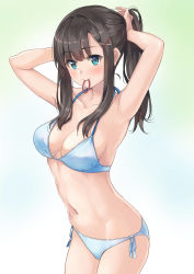 Rule 34 | 1girl, absurdres, armpits, arms behind head, arms up, bare arms, bare shoulders, bikini, black hair, blue bikini, blue eyes, breasts, bunching hair, cleavage, collarbone, cowboy shot, gradient background, groin, hair ornament, hair tie in mouth, halterneck, highres, long hair, looking at viewer, medium breasts, mouth hold, navel, original, ponytail, side-tie bikini bottom, sidelocks, solo, stomach, string bikini, swimsuit, thighs, unasaka ryou, x hair ornament