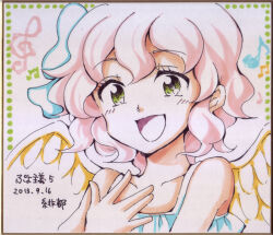 Rule 34 | angel, angel wings, blush, curly hair, dress, green eyes, hand on own chest, harpy (puyopuyo), hitopm, looking at viewer, musical note, open mouth, pink hair, short hair, simple background, smile, white background, white dress, wings, yellow wings