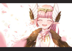 Rule 34 | 1girl, absurdres, circe (fate), closed eyes, fate/grand order, fate (series), head wings, highres, letterboxed, petals, pink hair, pointy ears, smile, solo, tiranaihana, white background, wings