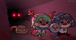 Rule 34 | 4girls, animal costume, animal hood, antlers, blue hair, blue hoodie, branch, brown hair, ceres fauna, chasing, chibi, commentary, crying, dress, faceplant, feathers, flower, gawr gura, glowing, glowing eyes, green hair, hair flower, hair intakes, hair ornament, hallway, headband, highres, hololive, hololive english, hood, hoodie, horns, horror (theme), keenbiscuit, multiple girls, nanashi mumei, nervous sweating, no shoes, open mouth, ouro kronii, ponytail, running, scared, shadow, shark costume, shark hood, short hair, sweat, symbol-only commentary, twitter username, virtual youtuber