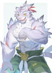 Rule 34 | 1boy, abs, absurdres, animal ears, bara, black eyes, chinese commentary, claws, colored sclera, commentary request, fangs, furry, furry male, green shorts, highres, looking at viewer, male focus, multiple scars, muscular, muscular male, nimbus (world flipper), open mouth, pawpads, pectorals, ponytail, scar, scar on arm, scar on face, scar on hand, scar on mouth, shorts, tail, tiger boy, tiger ears, tiger stripes, tiger tail, topless male, world flipper, yanglai miz, yellow sclera