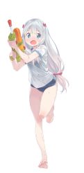 Rule 34 | 10s, 1girl, bare legs, barefoot, blue eyes, blush, bow, breasts, eromanga sensei, feet, full body, gym shirt, hair bow, highres, izumi sagiri, kanzaki hiro, leaning forward, long hair, looking at viewer, low-tied long hair, official art, old school swimsuit, one-piece swimsuit, open clothes, open shirt, school swimsuit, see-through, shirt, sidelocks, silver hair, small breasts, solo, standing, standing on one leg, swimsuit, swimsuit under clothes, toes, transparent background, water gun, wavy mouth, wet, wet clothes, wet shirt