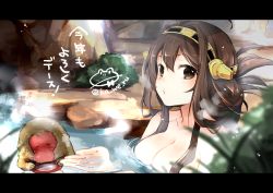 Rule 34 | 10s, 1girl, ahoge, alternate hairstyle, bare shoulders, bath, bathing, breasts, brown hair, bush, cleavage, commentary request, double bun, folded ponytail, hair between eyes, hairband, headgear, kantai collection, kongou (kancolle), large breasts, letterboxed, long hair, looking at viewer, monkey, nerokuro, nude, onsen, partially submerged, ponytail, solo, steam, twitter username, water