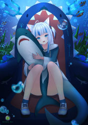 Rule 34 | 1girl, absurdres, air bubble, animal ears, bloop (gawr gura), blue eyes, blue hair, blunt bangs, bubble, cat ears, clownfish, extbis, fins, fish, fish tail, gawr gura, hair ornament, highres, hololive, hololive english, looking at viewer, multicolored hair, hugging object, open mouth, polearm, seaweed, shark, shark hair ornament, shark tail, short twintails, sitting, solo, streaked hair, stuffed toy, tail, trident, twintails, underwater, virtual youtuber, watermark, weapon, white footwear, white hair