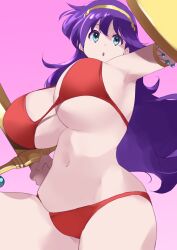 Rule 34 | 1girl, arm up, armpits, athena (series), bikini, blue eyes, breasts, cleavage, from below, highres, large breasts, legs, long hair, navel, princess, princess athena, purple hair, red bikini, shield, snk, solo, swimsuit, sword, thighs, weapon