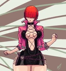 Rule 34 | 1girl, animated, black choker, breast expansion, breasts, breasts out, choker, cropped jacket, dress, fur trim, hair over eyes, huge breasts, jacket, jewelry, lace-up, large areolae, large breasts, long hair, microdress, miyatakun, navel, nipples, no bra, open mouth, pink jacket, plunging neckline, popped collar, puffy nipples, red hair, revealing clothes, shermie (kof), side slit, smile, snk, solo, split ponytail, tagme, the king of fighters, the king of fighters xv, thick thighs, thighs, underwear, video