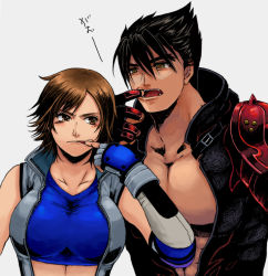 Rule 34 | &gt;:(, 1boy, 1girl, abs, arm guards, armor, black hair, blush, breasts, brown eyes, brown hair, collarbone, cousins, crop top, fingerless gloves, frown, gao, gloves, hand guard, jacket, jumpsuit, kazama asuka, kazama jin, large breasts, looking at another, midriff, mouth pull, open clothes, open jacket, pauldrons, sakura3914, short hair, shoulder armor, skin tight, sleeveless, tekken, upper body, v-shaped eyebrows, yellow eyes