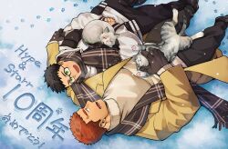 Rule 34 | 2boys, affectionate, bara, cat, commission, couple, facial hair, feet out of frame, from above, glasses, green eyes, highres, jacket, large pectorals, male focus, multiple boys, muscular, muscular male, naop (anything), orange hair, original, pants, pectorals, scarf, second-party source, shared clothes, shared scarf, short hair, sideburns stubble, snowing, stubble, thick eyebrows, yaoi