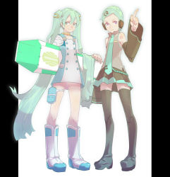 Rule 34 | 2girls, black thighhighs, boots, cosplay, costume switch, crossover, detached sleeves, eureka (eureka seven), eureka (eureka seven) (cosplay), eureka seven, eureka seven (series), green eyes, green hair, hatsune miku, hatsune miku (cosplay), legs, long hair, multiple girls, necktie, purple eyes, short hair, skirt, stregoicavar, thigh strap, thighhighs, twintails, very long hair, vocaloid, white footwear