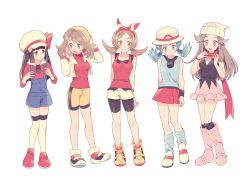 Rule 34 | 5girls, bike shorts, blue hair, bow, brown hair, cosplay, costume switch, creatures (company), dawn (pokemon), game freak, hair ribbon, hat, hat bow, highres, jacket, komasawa (fmn-ppp), kris (pokemon), leaf (pokemon), lyra (pokemon), may (pokemon), miniskirt, multiple girls, nintendo, overall shorts, overalls, pokemon, pokemon dppt, pokemon frlg, pokemon gsc, pokemon hgss, pokemon oras, ribbon, scarf, skirt, thighhighs