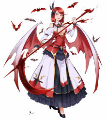 Rule 34 | 1girl, bare shoulders, bat (animal), bat wings, blood, breasts, cleavage, cleavage cutout, clothing cutout, hair ornament, high heels, highres, large breasts, looking at viewer, nam (valckiry), open mouth, original, pointy ears, red eyes, red hair, scythe, short hair, simple background, solo, vampire, white background, wings