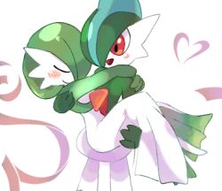 Rule 34 | 1boy, 1girl, arms up, blush, blush stickers, bob cut, carrying, closed eyes, closed mouth, colored skin, cowboy shot, creatures (company), flat chest, full body, gallade, game freak, gardevoir, gen 3 pokemon, gen 4 pokemon, green hair, green skin, hair over one eye, hands up, hao (pixiv 10705622), happy, heart, hetero, hug, looking at another, lowres, mohawk, multicolored hair, multicolored skin, nintendo, one eye covered, open mouth, outstretched arm, pokemon, pokemon (creature), princess carry, red eyes, short hair, smile, standing, two-tone hair, two-tone skin, u u, white background, white skin