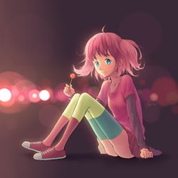 Rule 34 | 1girl, ahoge, aqua thighhighs, ass, blue eyes, blurry, bokeh, braid, breasts, candy, clenched hand, converse, depth of field, food, from side, full body, holding, layered sleeves, lens flare, light smile, lights, lollipop, long sleeves, miniskirt, multicolored clothes, multicolored legwear, opticalcore, party girl (terraria), pink hair, pink thighhighs, pleated skirt, shadow, shirt, shoes, short hair, short over long sleeves, short sleeves, short twintails, signature, sitting, skirt, small breasts, smile, sneakers, solo, t-shirt, terraria, thighhighs, twin braids, twintails, yellow thighhighs