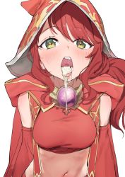 Rule 34 | 1girl, absurdres, bad id, bad pixiv id, blush, breasts, brooch, cape, commentary, crop top, cum, cum in mouth, cum on tongue, cumdrip, detached sleeves, dorontabi, english commentary, female focus, gold trim, green eyes, highres, hood, hood up, jewelry, long hair, looking at viewer, maplestory, medium breasts, midriff, navel, open mouth, oz (maplestory), red cape, red hair, red hood, simple background, solo, teeth, tongue, tongue out, upper body, white background