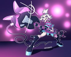 Rule 34 | bass guitar, blue eyes, boots, cable, commission, creatures (company), cubesona, dress, freckles, game freak, gym leader, hair bobbles, hair ornament, instrument, nintendo, oversized clothes, perspective, pokemon, pokemon bw2, purple background, roxie (pokemon), solo, stage, stage lights, striped clothes, striped dress, sunrise stance, topknot, white hair