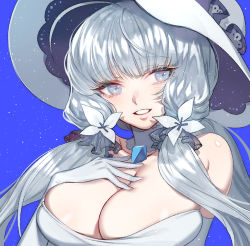 Rule 34 | 1girl, azur lane, blue background, blue eyes, blue hair, breasts, cleavage, hand on own chest, hat, illustrious (azur lane), long hair, smile, twintails, zuizi