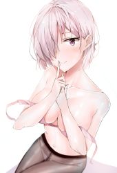 Rule 34 | 1girl, absurdres, black pantyhose, blush, bra, unworn bra, breasts, cleavage, closed mouth, collarbone, fate/grand order, fate (series), finger to mouth, hair over one eye, highres, holding, holding bra, holding clothes, holding underwear, index finger raised, looking at viewer, mash kyrielight, medium breasts, midriff, navel, panties, panties under pantyhose, pantyhose, pink hair, purple eyes, short hair, smile, solo, underwear, viewran, white background