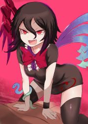 Rule 34 | 1boy, 1girl, :3, absurdres, asymmetrical wings, black dress, black hair, black thighhighs, blue wings, bow, bowtie, buttons, center frills, commentary request, dress, fang, frilled dress, frills, hair between eyes, highres, houjuu nue, magenta background, medium hair, open mouth, pink background, red bow, red bowtie, red eyes, red wings, short dress, short sleeves, simple background, smirk, snake, taguchi sp, textless version, thighhighs, touhou, wings, wristband